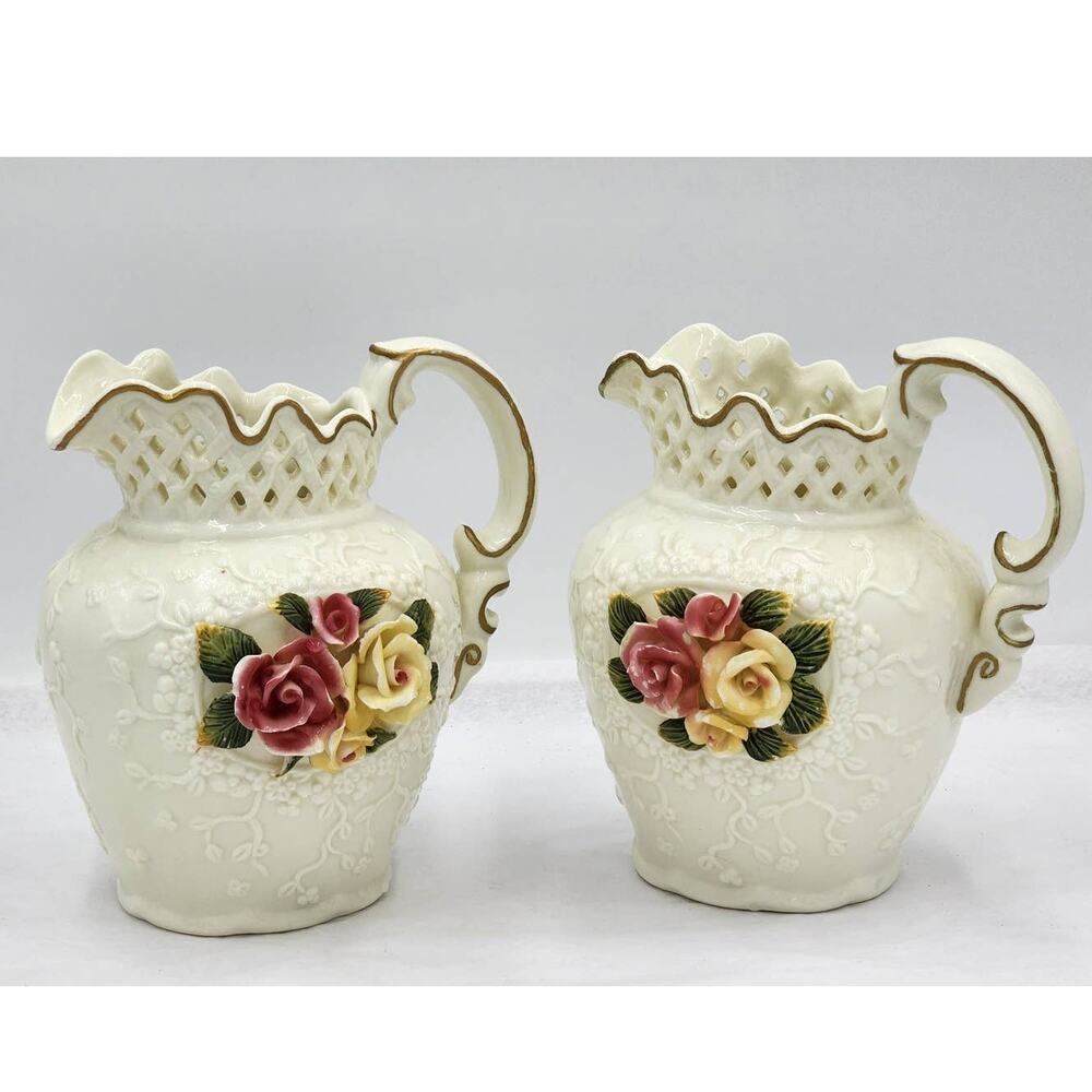 Jade Porcelain Rose Floral Pitcher Set Victorian Elegance Shabby Chic Decorative
